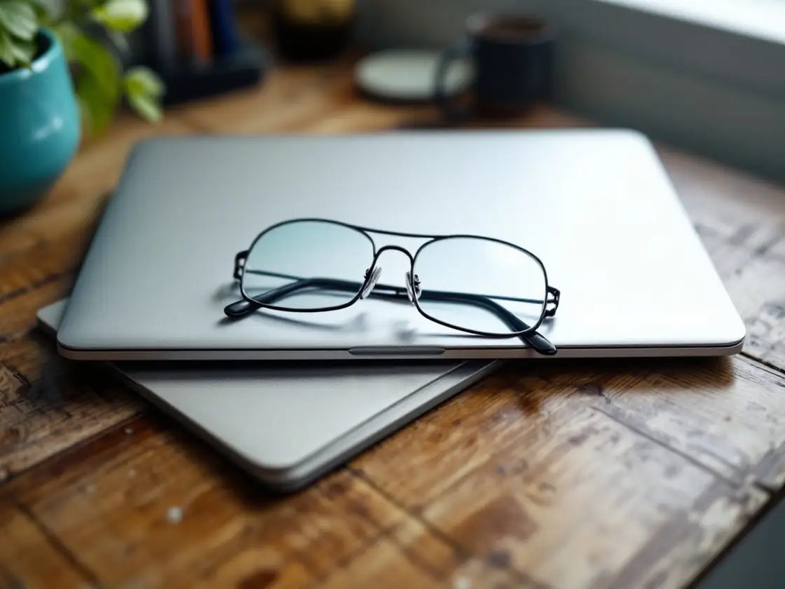 A closed laptop and reading glasses on a wooden desk