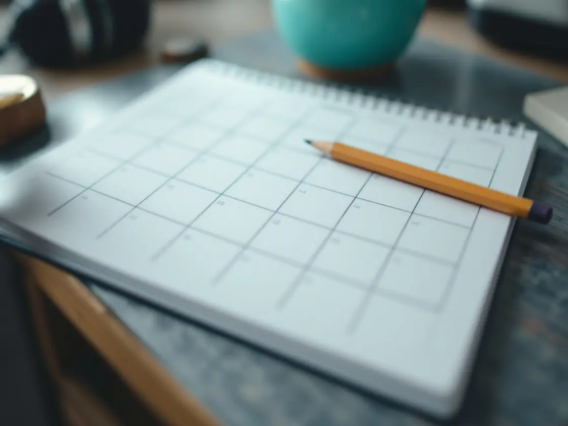 A wall calendar and a pencil on a kitchen counter in daylight