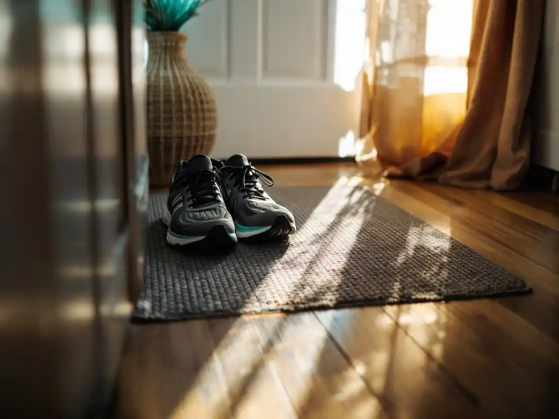 Running shoes beside a front door with morning light on the floor