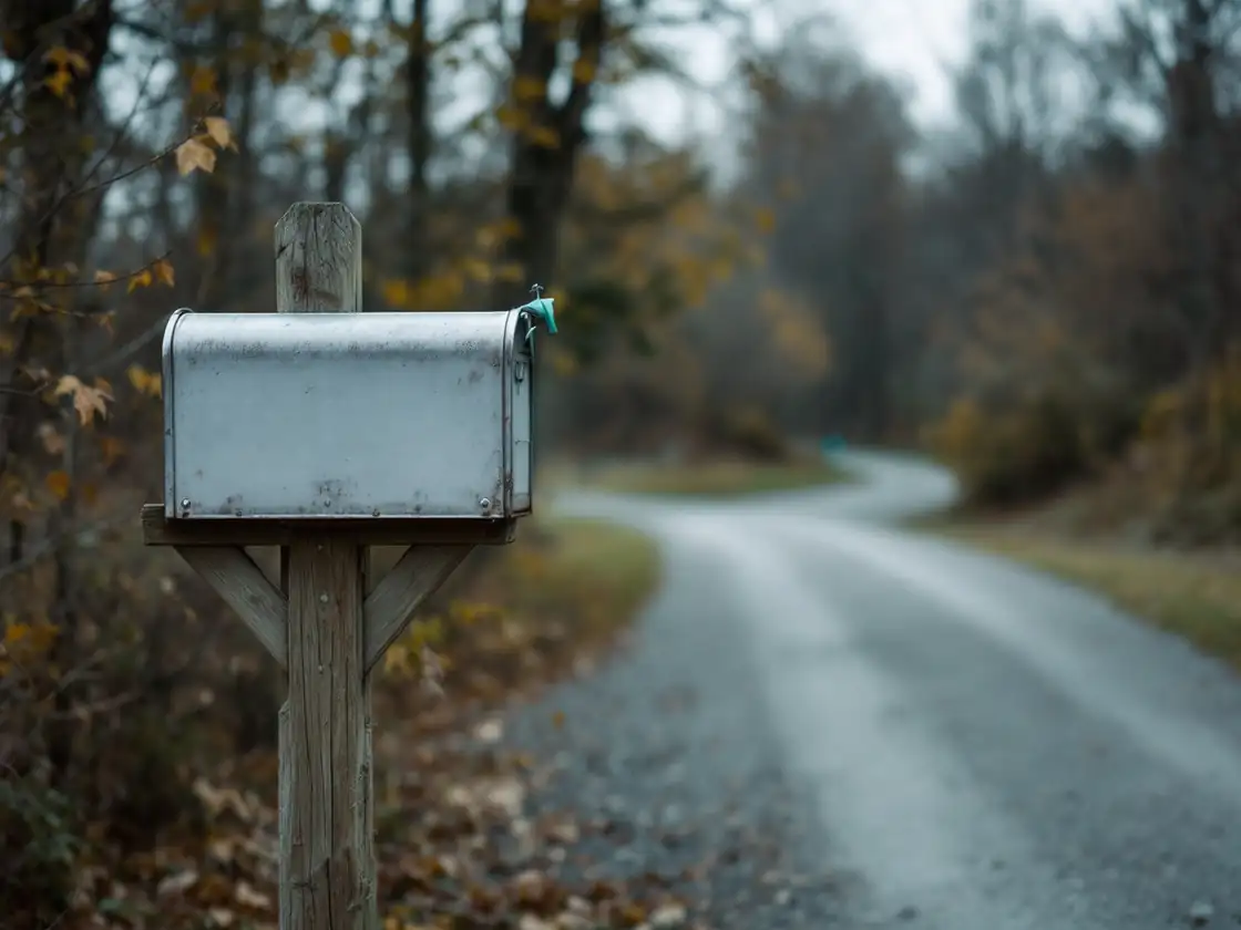 A mailbox at the end of a gravel driveway in early autumn