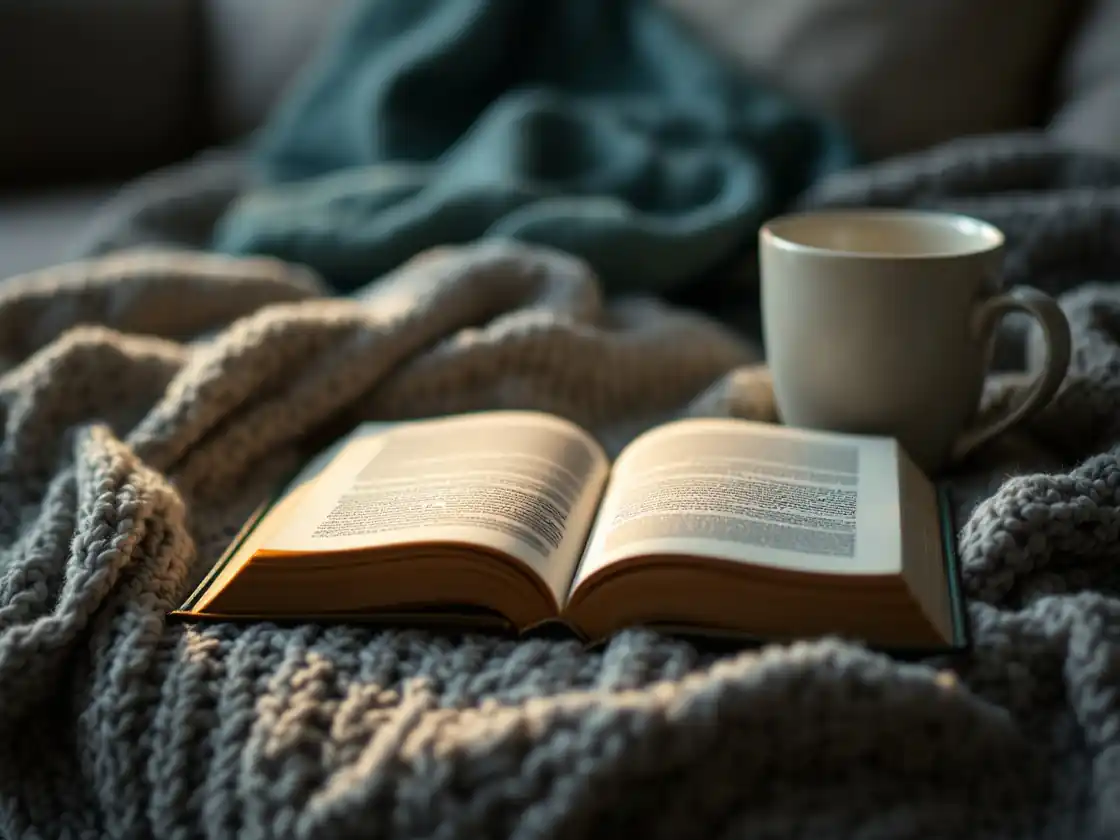 An open paperback and a mug on a blanket on a sofa