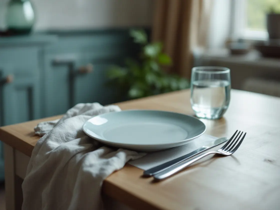 A kitchen table with a single plate and a glass of water