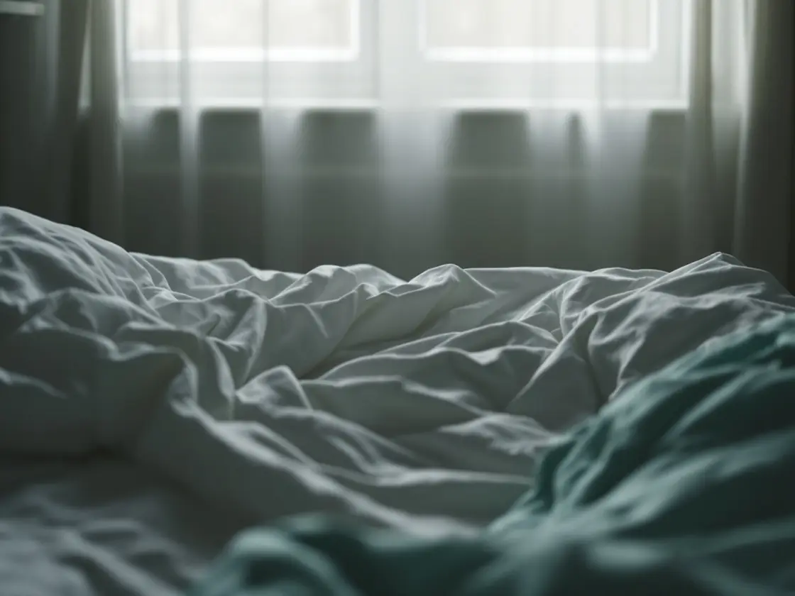 An unmade bed with white sheets and sunlight through thin curtains