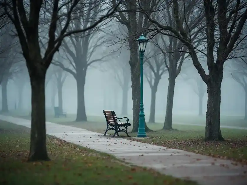A park bench under bare trees on a foggy morning path