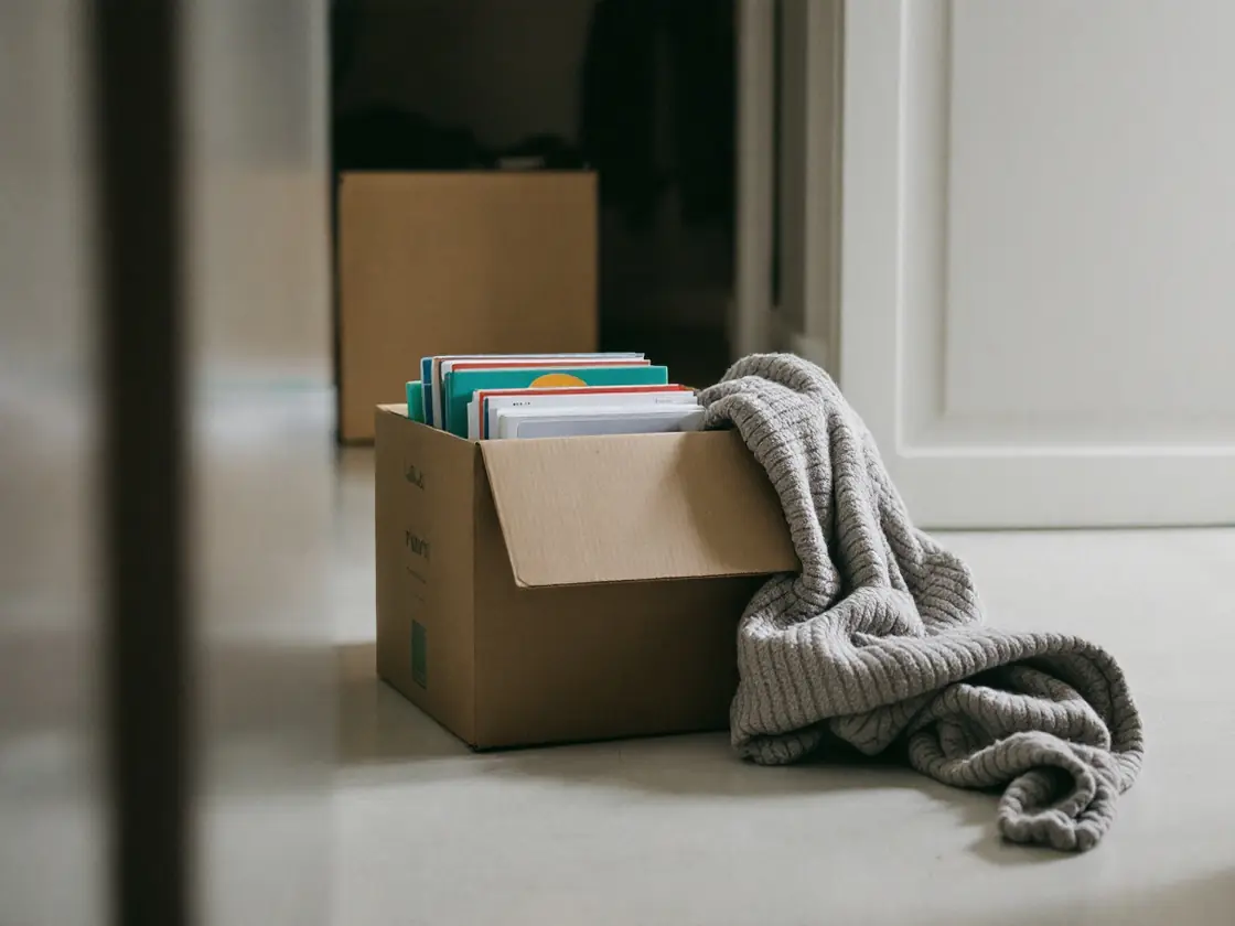 A cardboard box of books and a folded sweater on a hallway floor