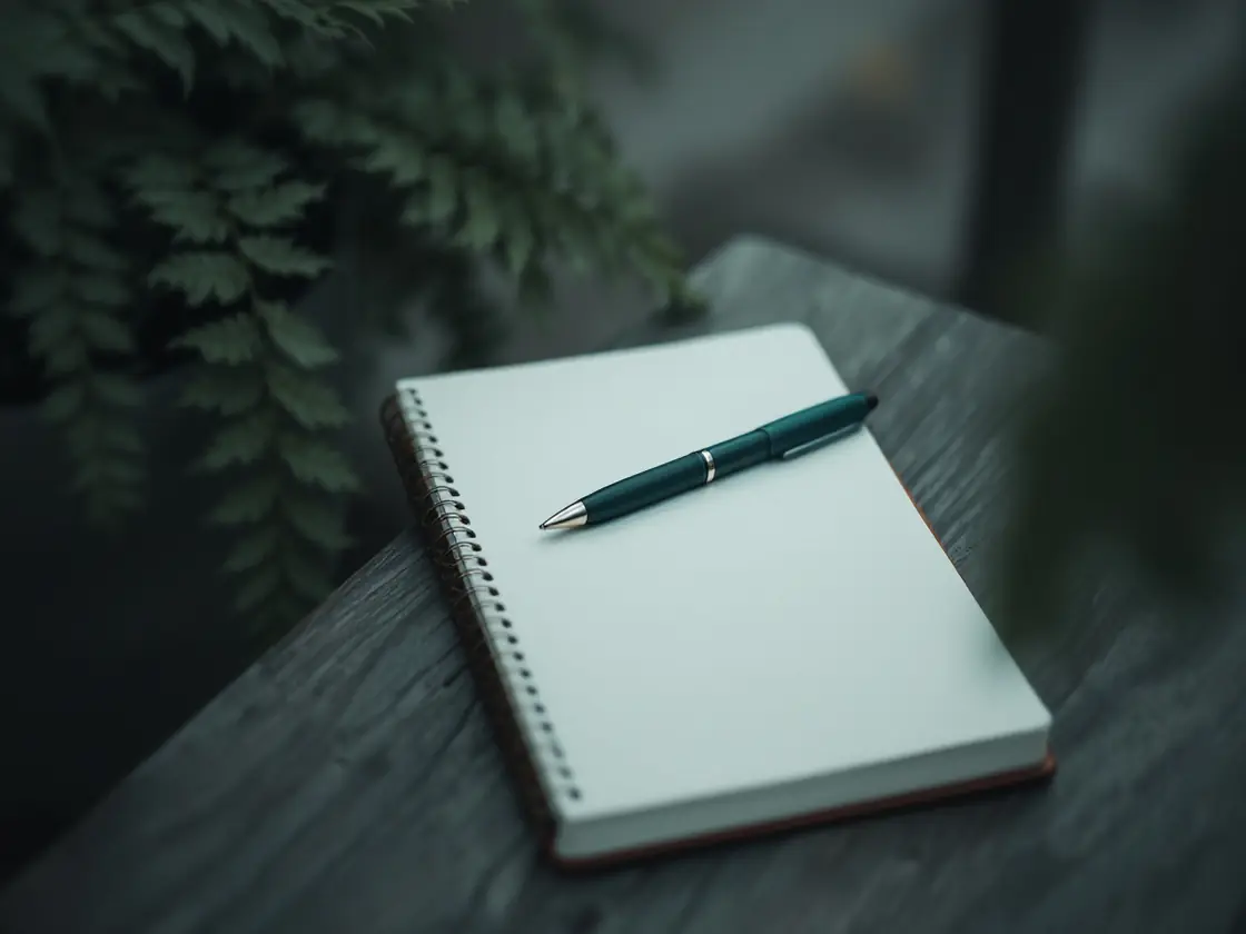 A notebook with a pen on a porch step beside a potted fern