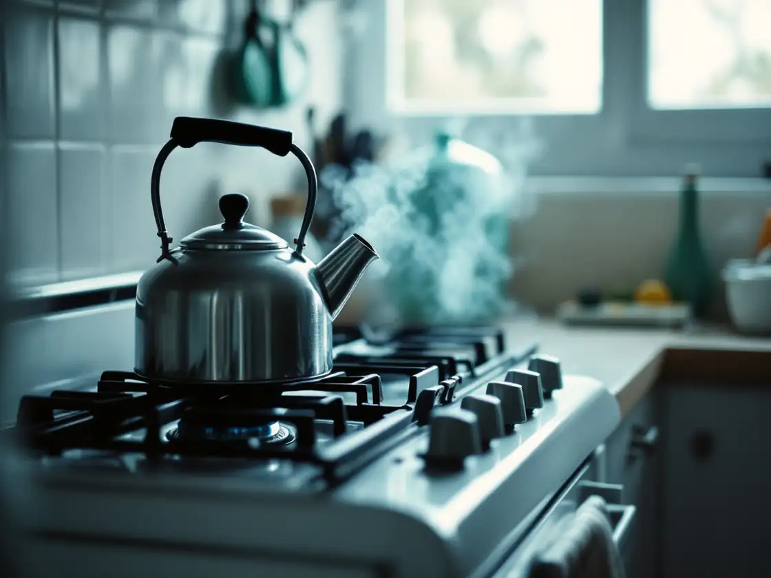 A kettle on a stove with steam rising in a small kitchen