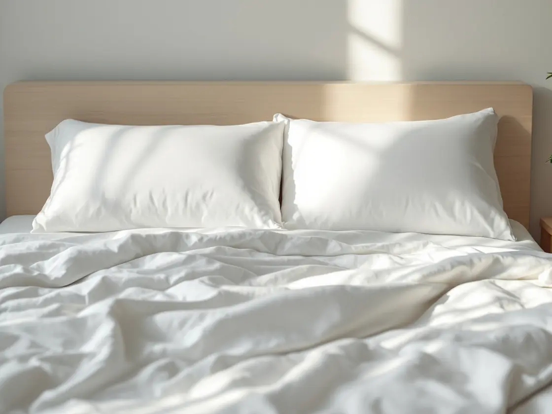 A neatly made bed with white sheets in soft morning sunlight