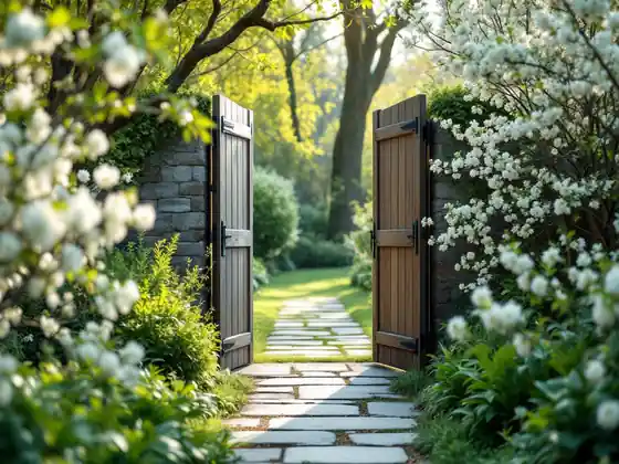 A stone path leading through an open garden gate in spring