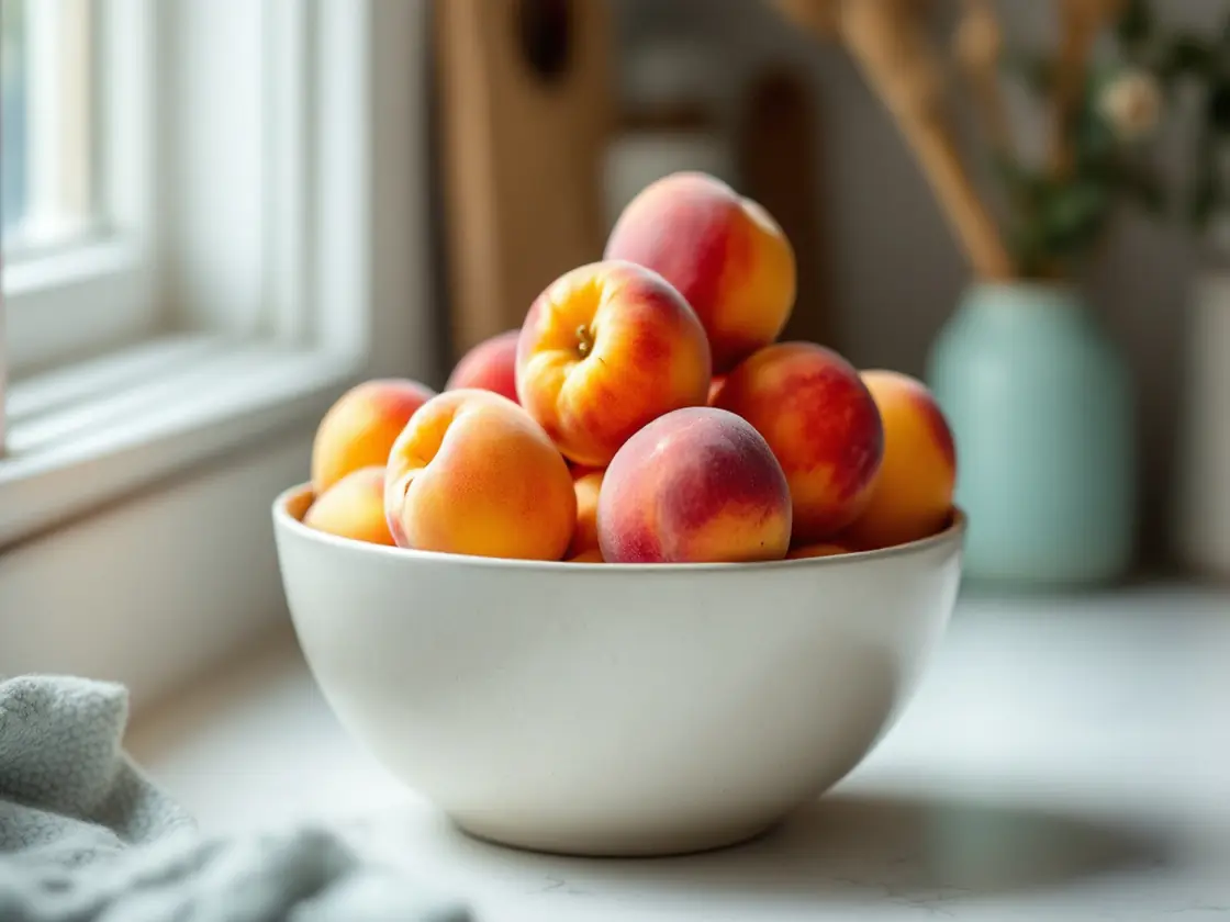 A bowl of ripe peaches on a clean kitchen counter in daylight