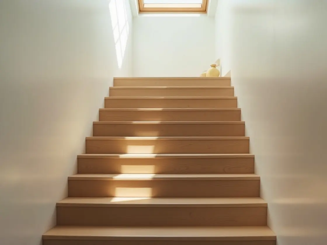A wooden staircase lit from above by a bright skylight