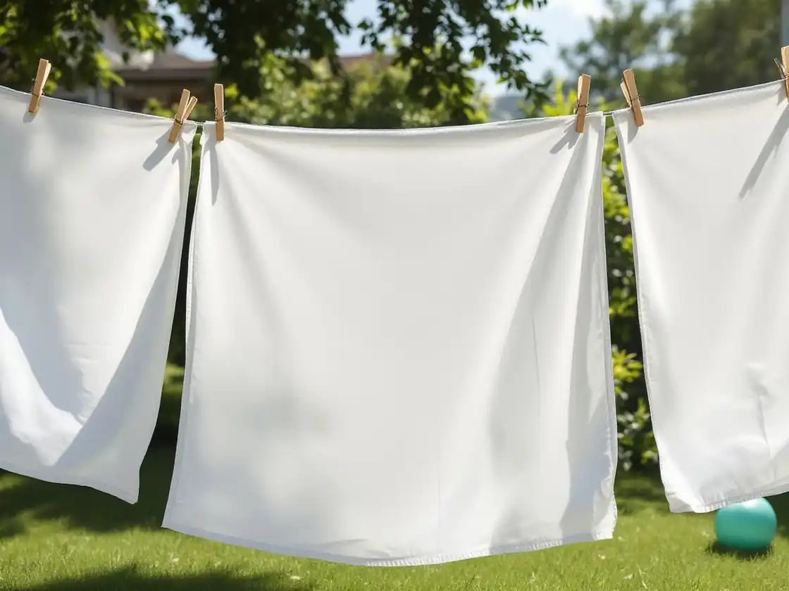 White sheets drying on a clothesline in a sunny backyard