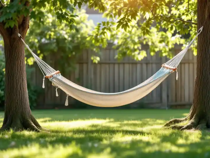A hammock hanging between two trees in a sunlit yard