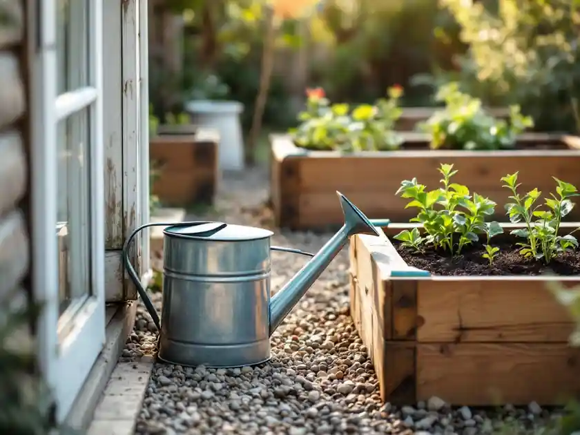 A watering can beside raised garden beds with young green plants