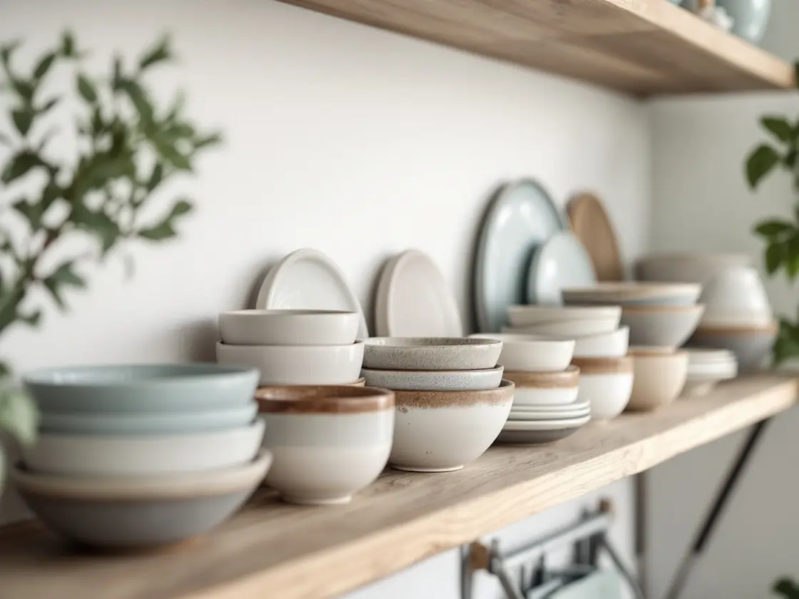 Plain ceramic bowls and plates on an open wooden kitchen shelf