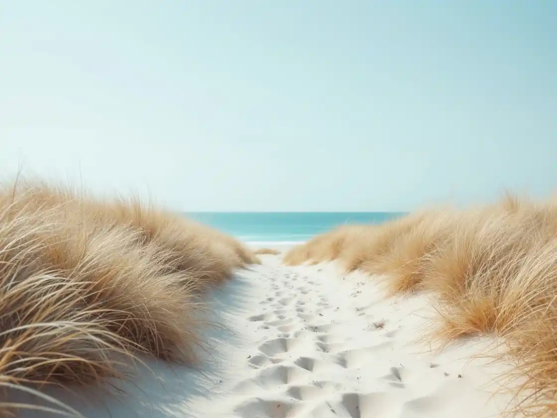 A sandy path winding through dune grass toward a bright sky