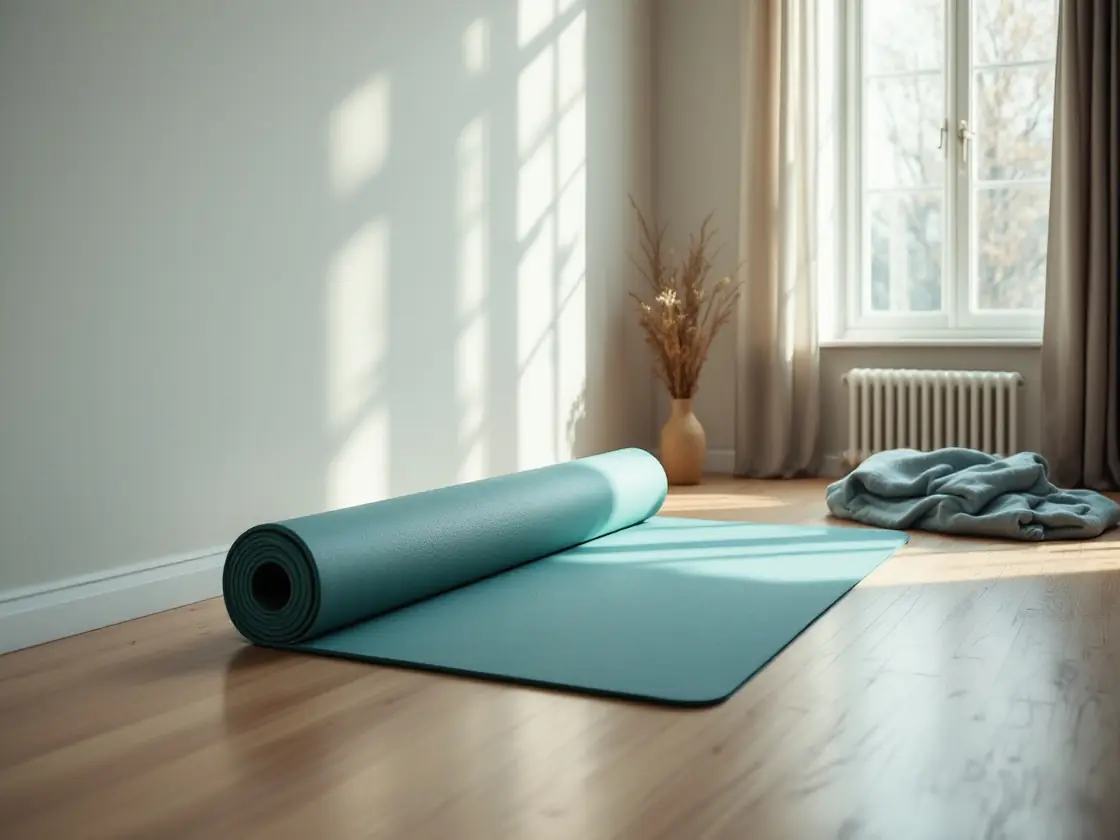 An exercise mat on a wooden floor beside a tall sunny window