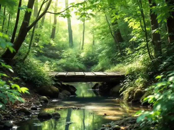 A small wooden footbridge over a clear creek in green woods