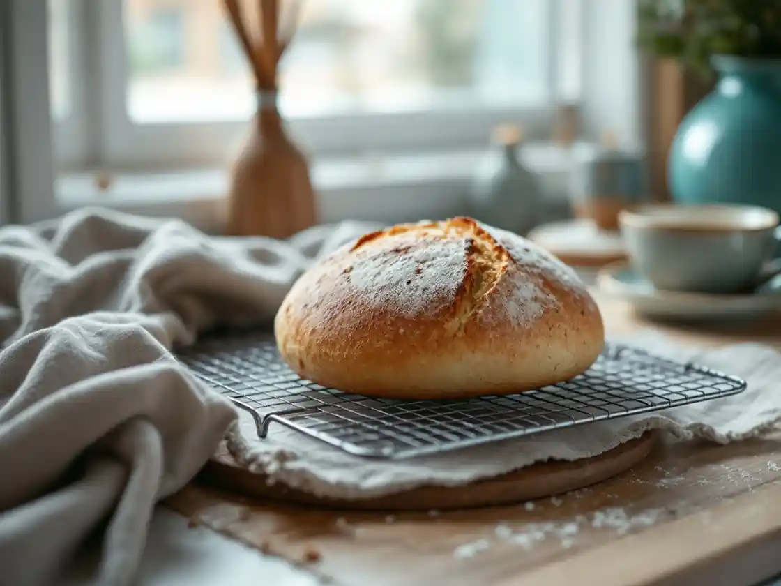 A fresh loaf of bread cooling on a rack in a bright kitchen