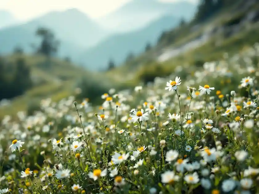 A mountain meadow full of wildflowers with soft hills behind it