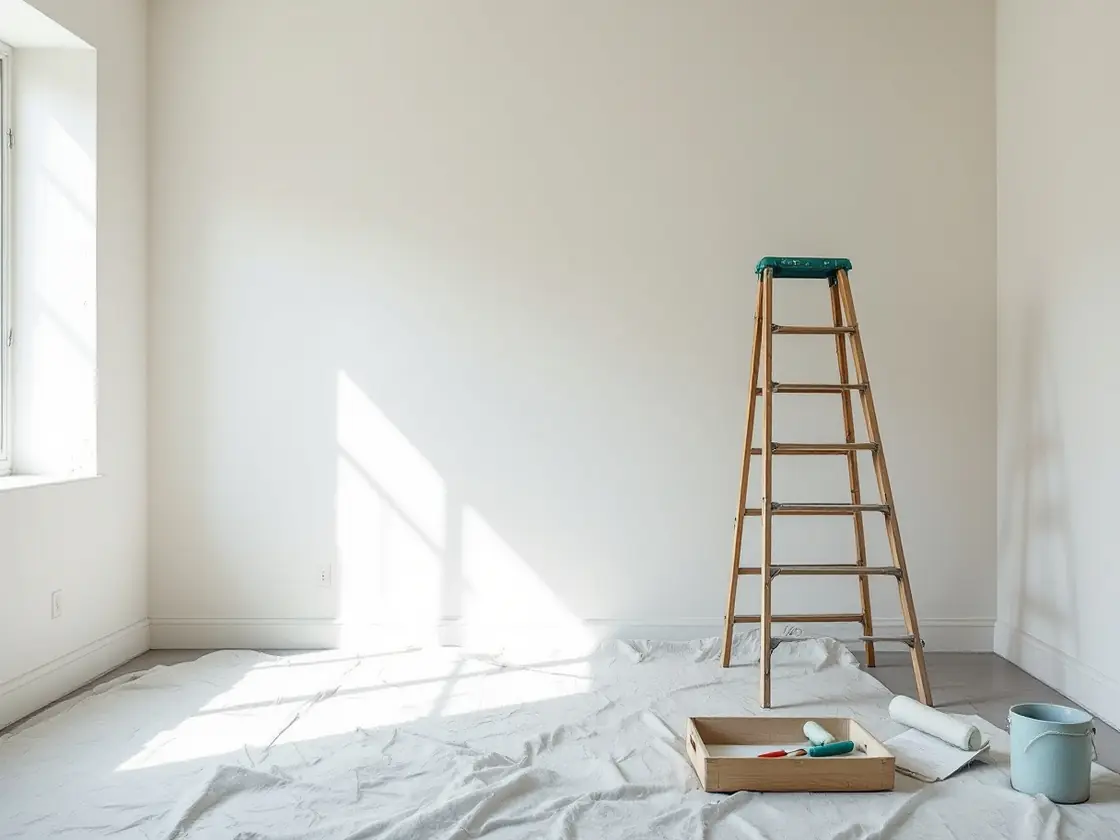 A freshly painted white room with a stepladder and paint tray