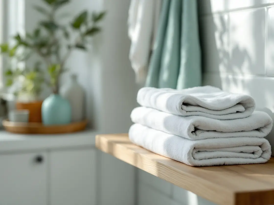 A stack of folded towels on a bathroom shelf in morning light