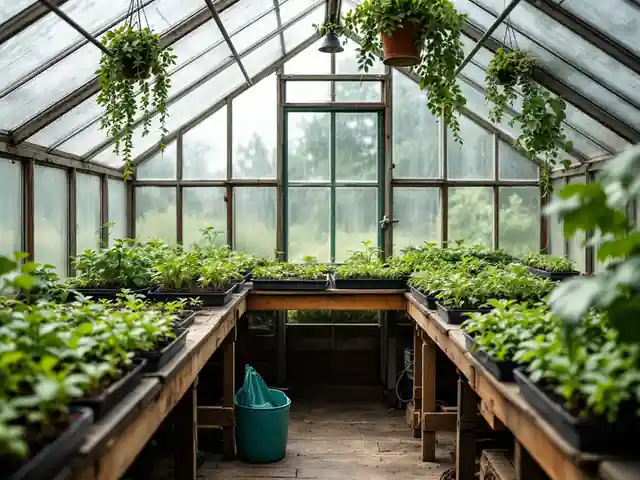 Trays of seedlings on wooden tables inside a bright glass greenhouse