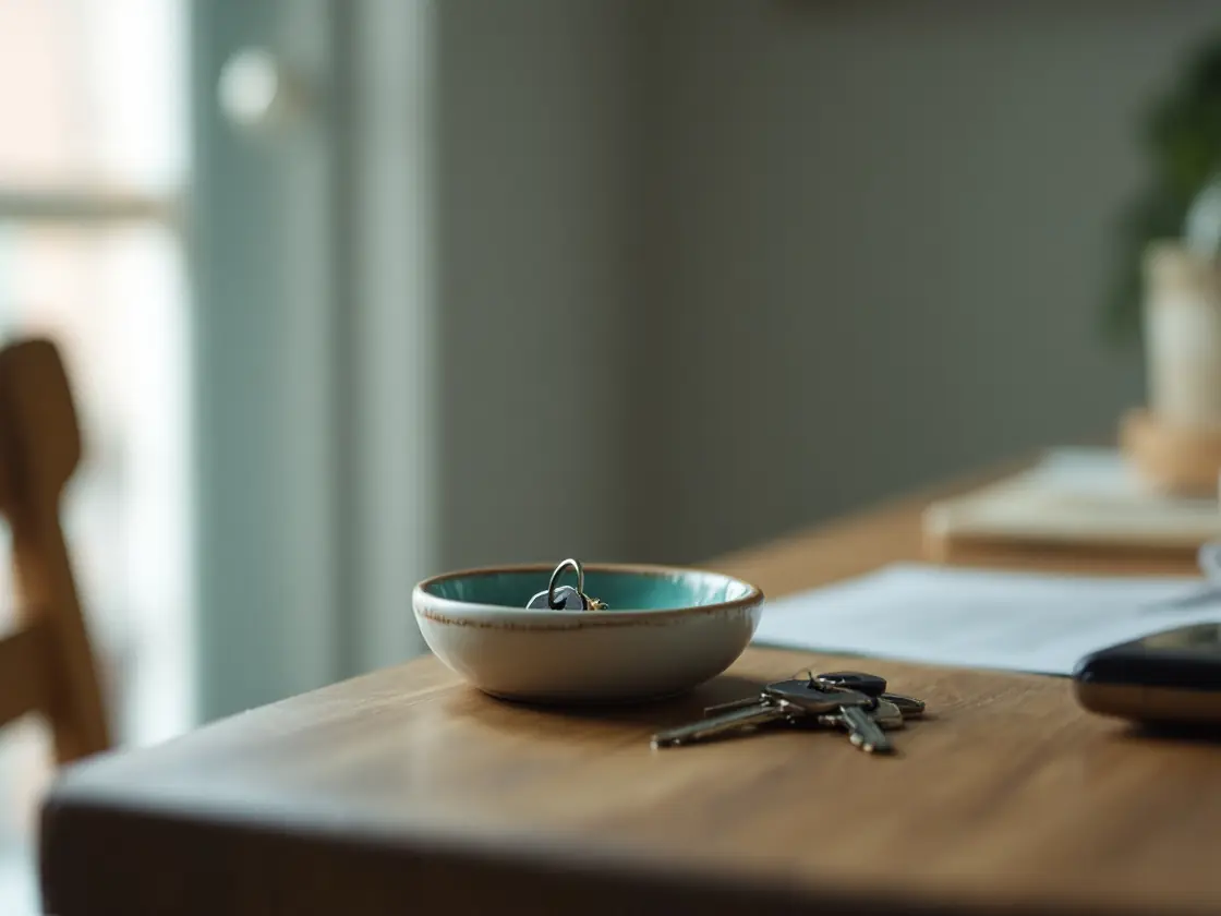 A set of house keys in a ceramic dish on a hallway table